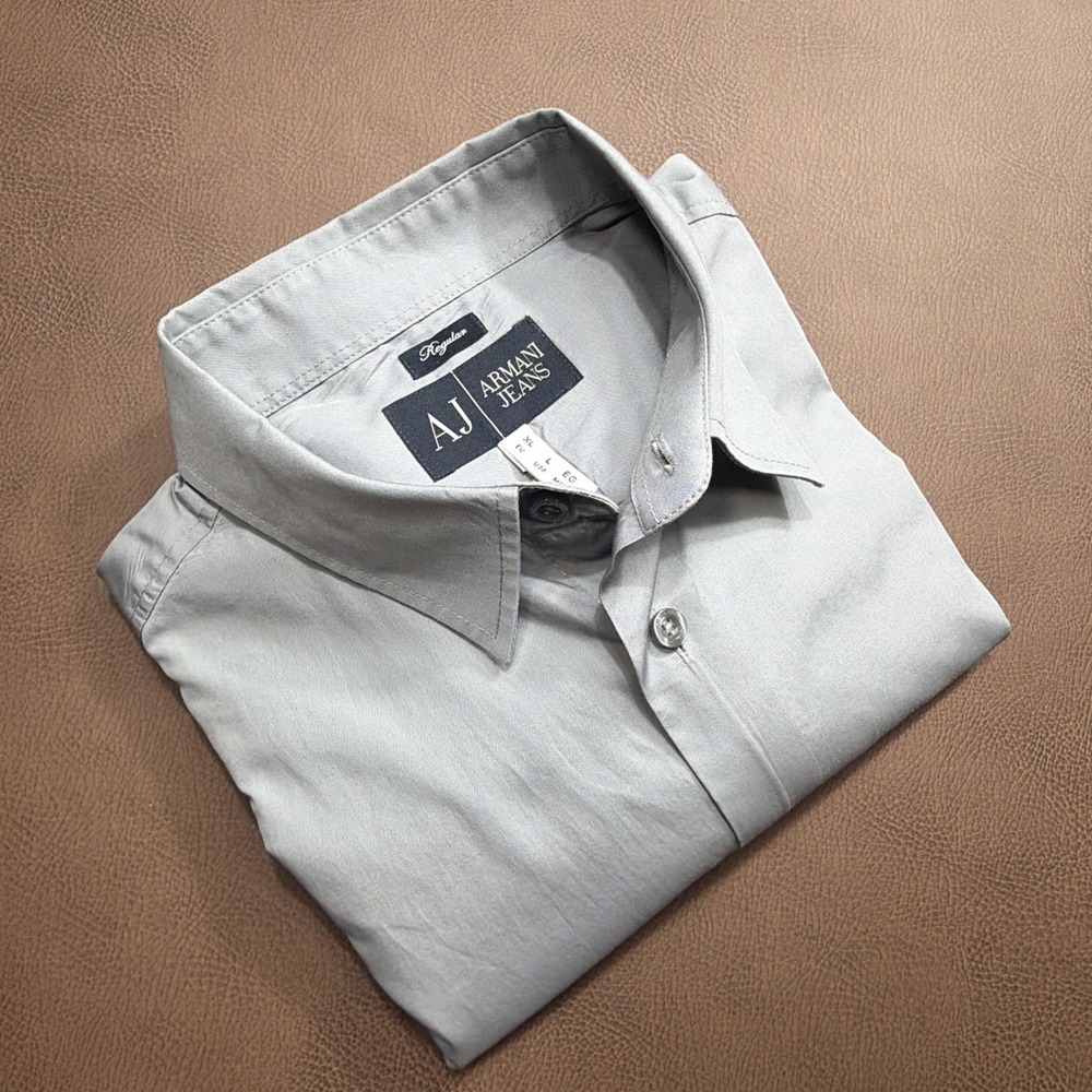 Armani Jeans Men's Shirt Logo Spellout Long Sleeve Button Down Large Gray Modern